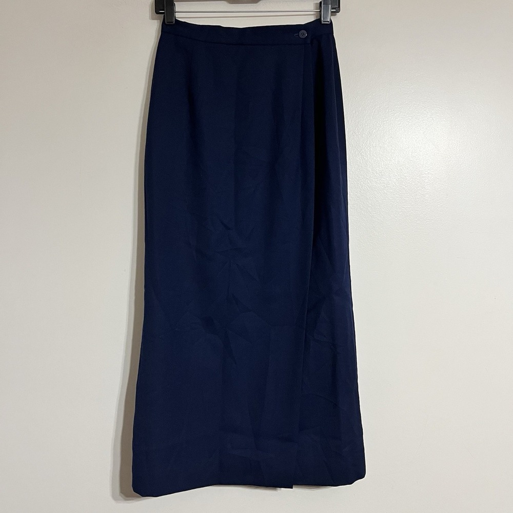 Vintage Women's Career Essentials‎ 100% Wool Navy Blue Midi Wrap Skirt Size 6